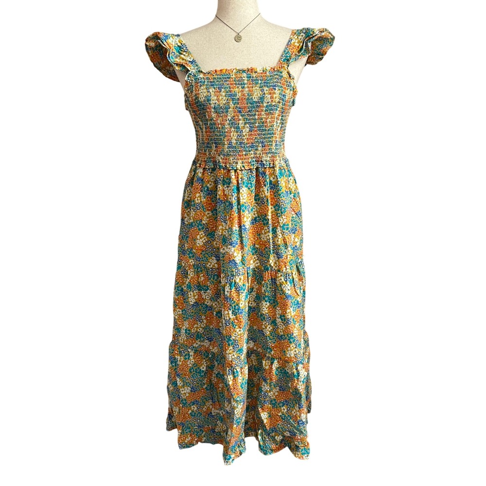 THML Floral Smocked Midi Dress Blue Yellow Boho Prairie Cottage Ruffle Size M